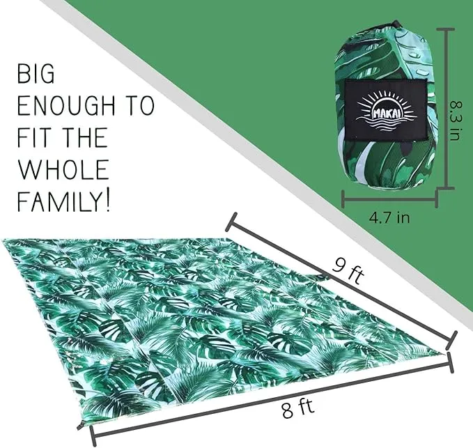 Makai – Lightweight Sheet Style Beach Blanket, Sand Dosen't Stick, Extra Large 8’ x 9’, Compact Strong Parachute Nylon Beach Mat, Stays Cool, Quick Drying, Multifunctional