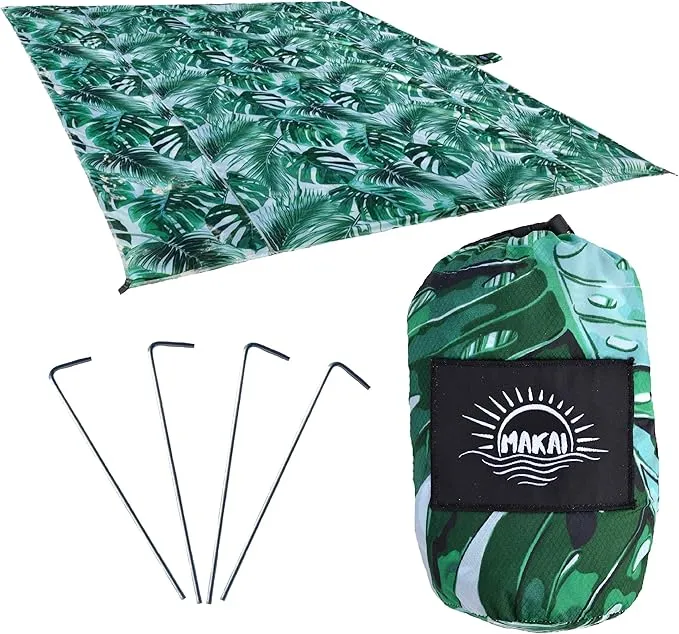 Makai – Lightweight Sheet Style Beach Blanket, Sand Dosen't Stick, Extra Large 8’ x 9’, Compact Strong Parachute Nylon Beach Mat, Stays Cool, Quick Drying, Multifunctional