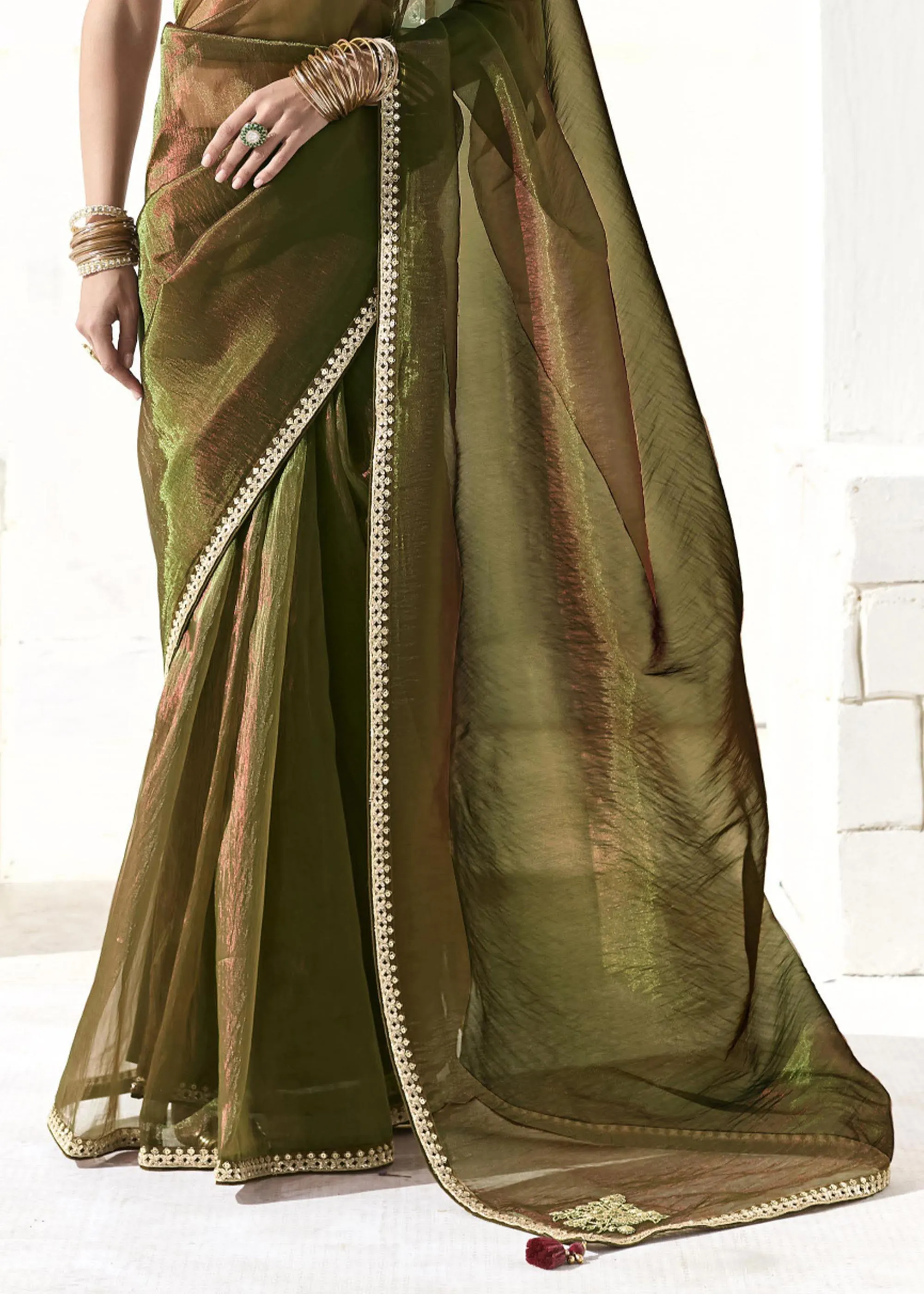Mehndi Green Designer Organza Tissue Silk Saree