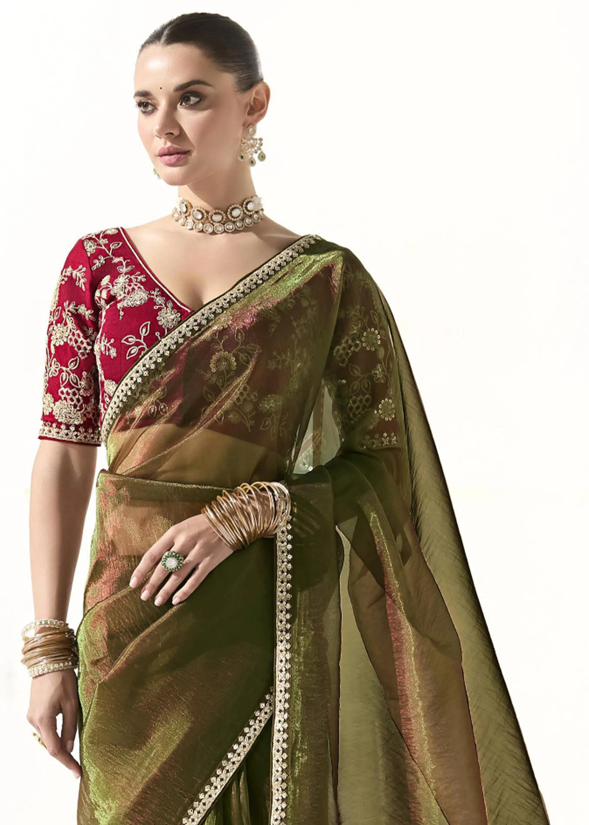Mehndi Green Designer Organza Tissue Silk Saree