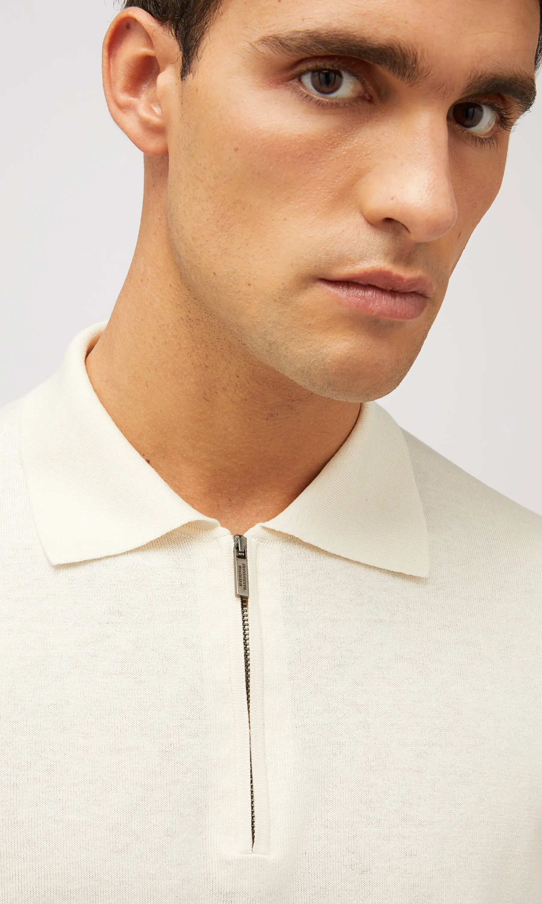 MICRO STITCH SILK COTTON ZIP POLO - WHITE CREAM