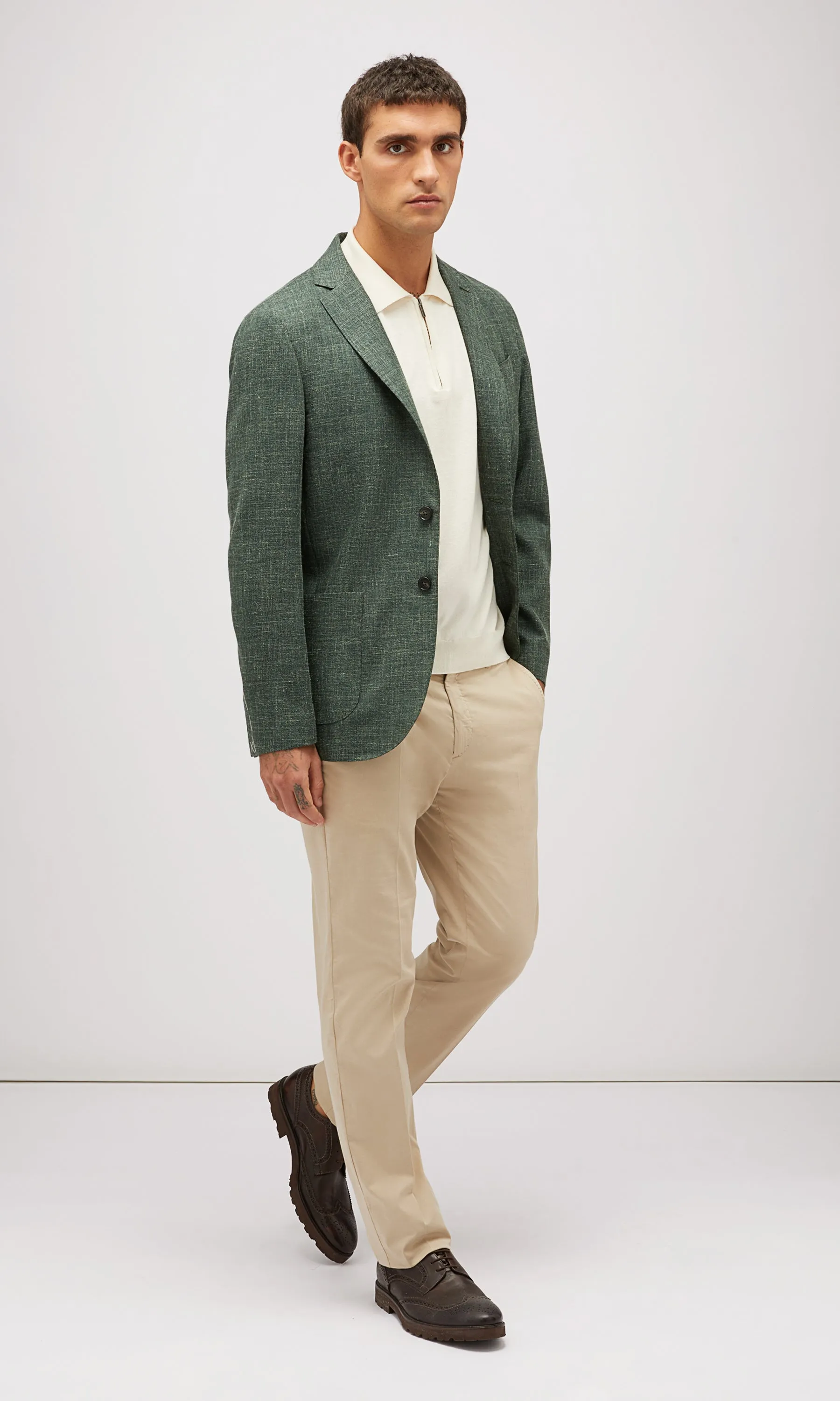 MICRO STITCH SILK COTTON ZIP POLO - WHITE CREAM