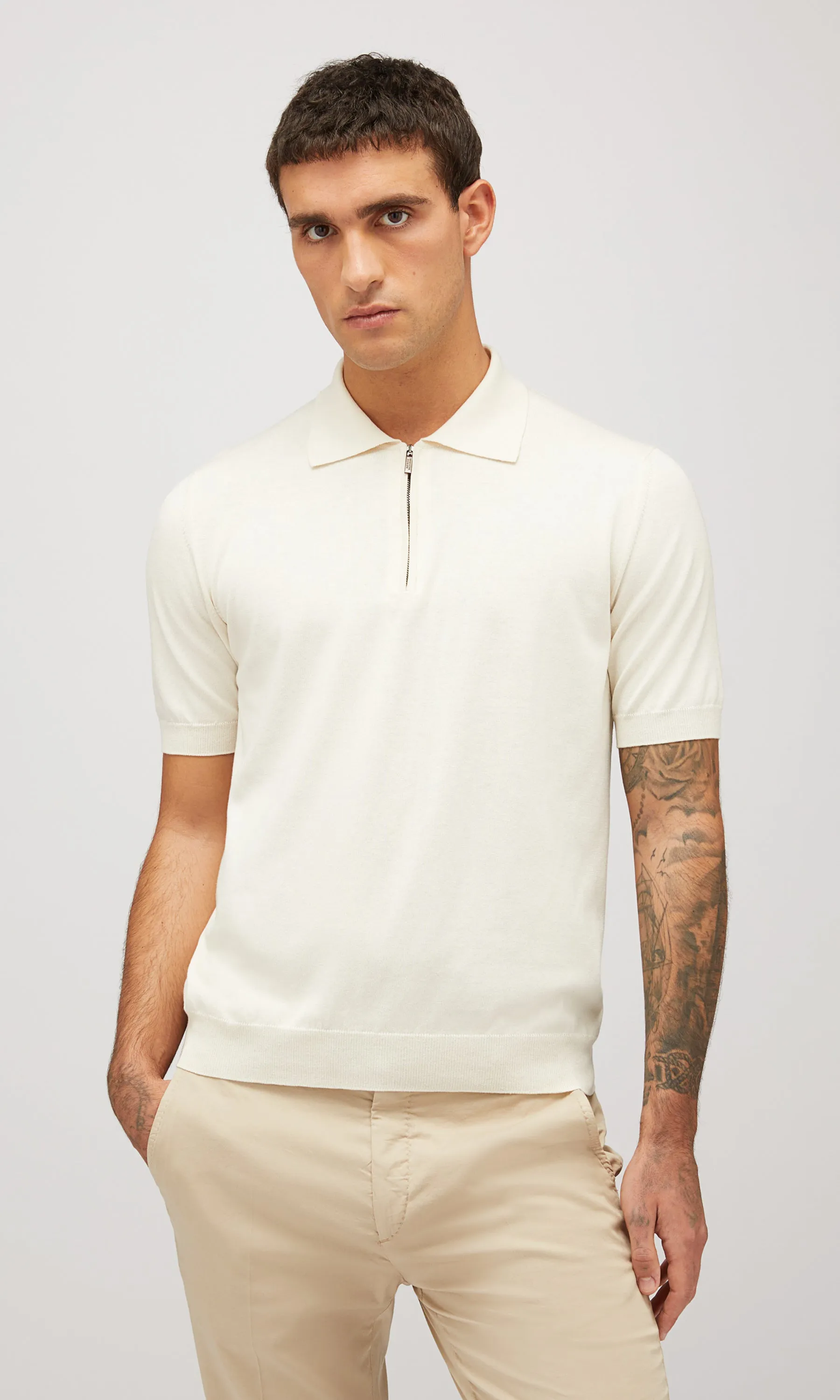 MICRO STITCH SILK COTTON ZIP POLO - WHITE CREAM