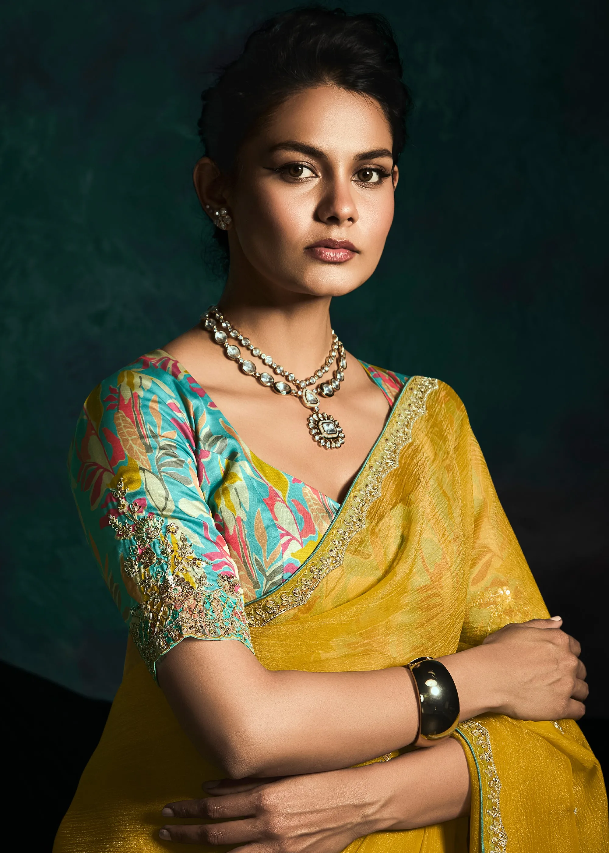 Mimosa Yellow Designer Tissue Silk Saree With Printed Blouse
