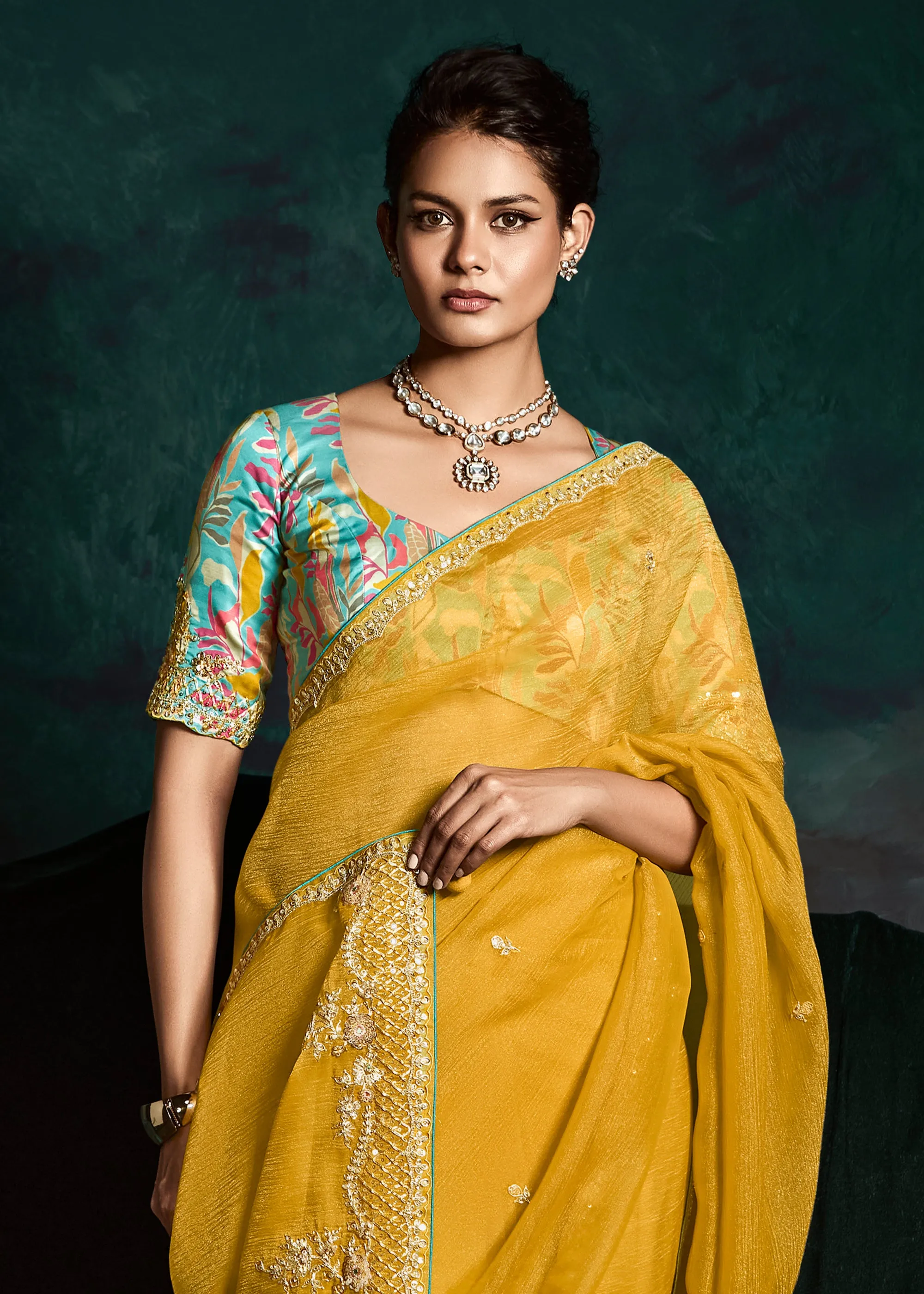Mimosa Yellow Designer Tissue Silk Saree With Printed Blouse