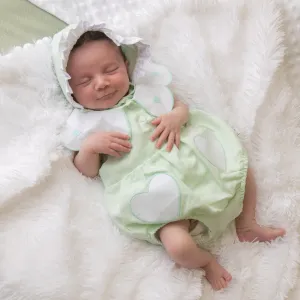 Mint Linen Frill Heart Romper With Bonnet