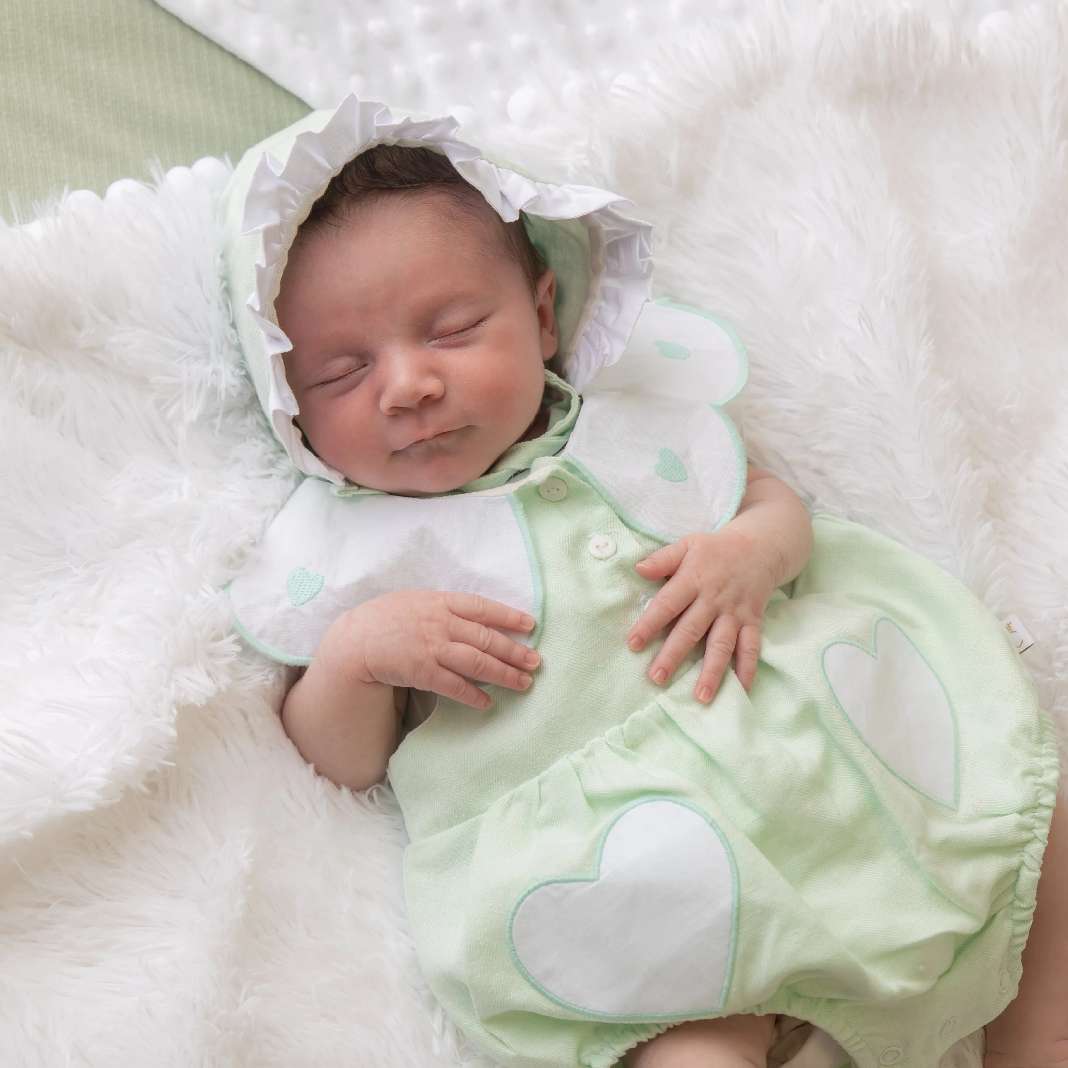 Mint Linen Frill Heart Romper With Bonnet