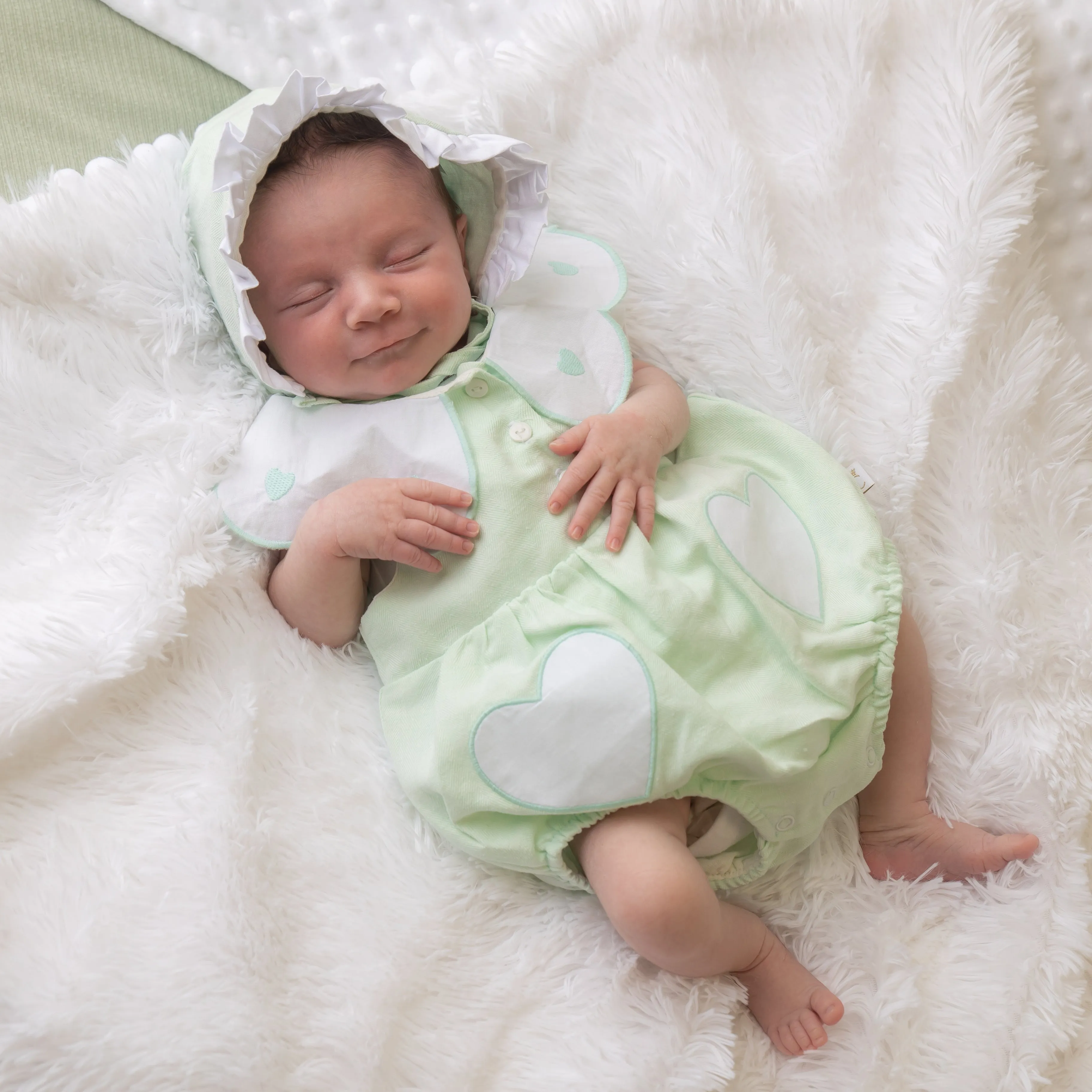 Mint Linen Frill Heart Romper With Bonnet