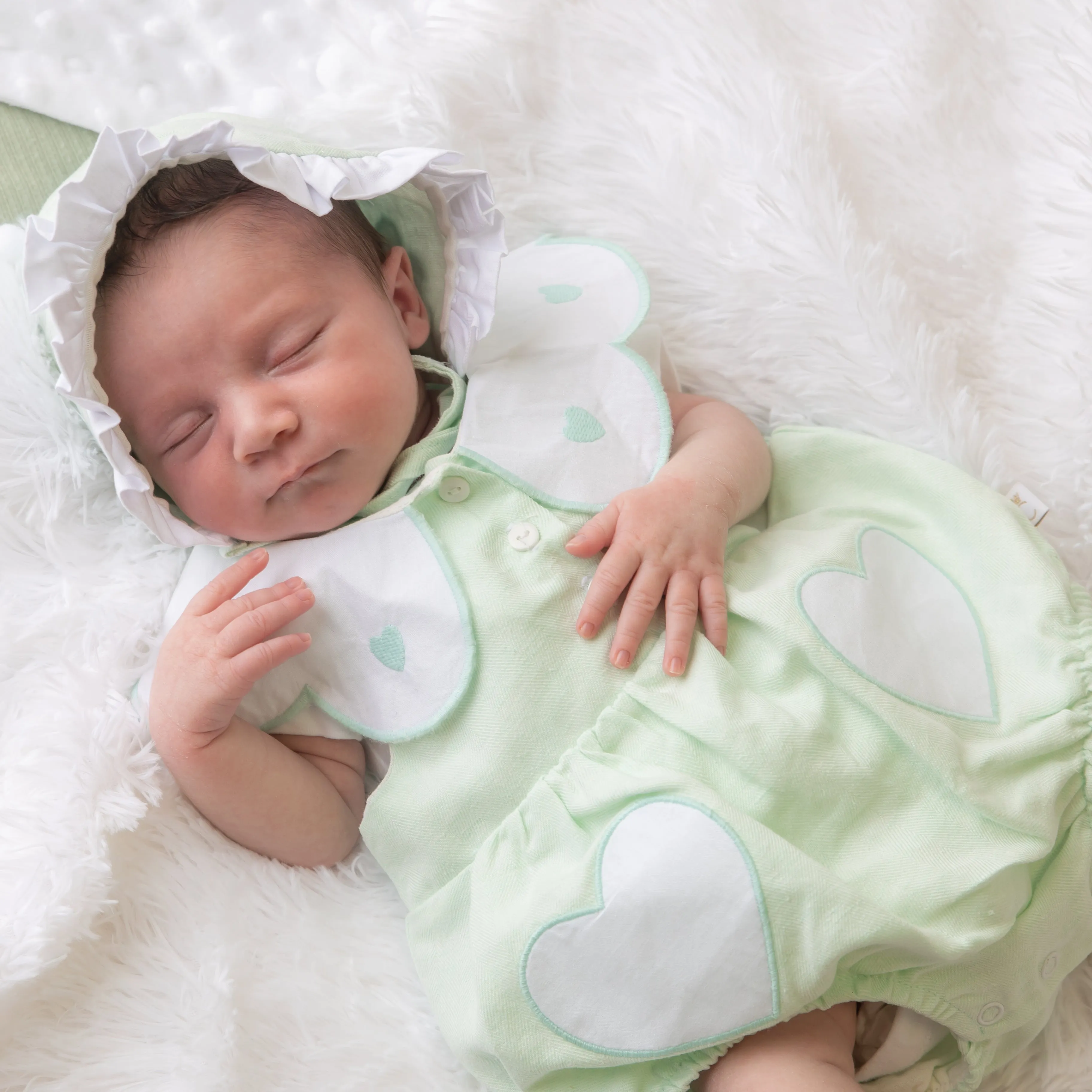 Mint Linen Frill Heart Romper With Bonnet