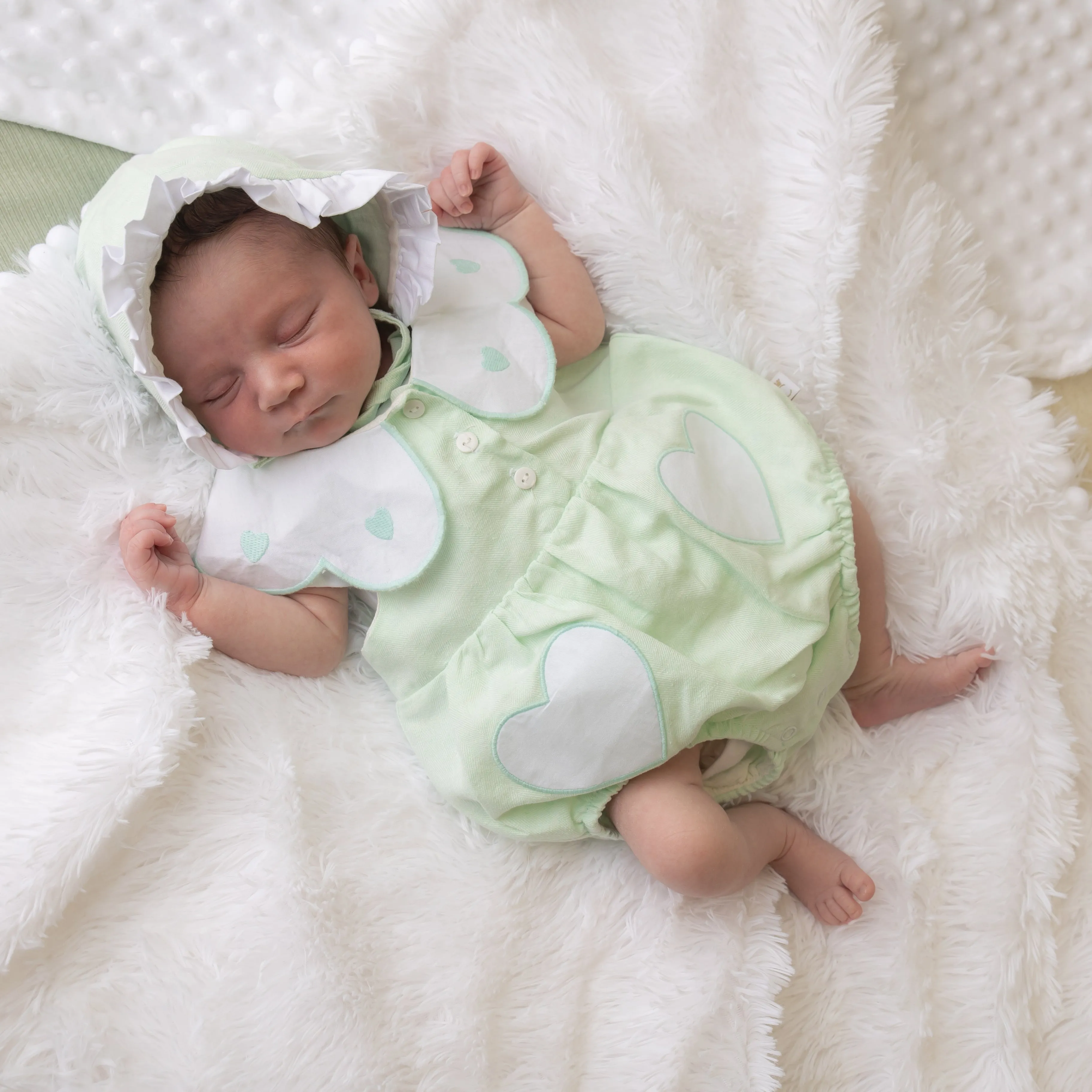 Mint Linen Frill Heart Romper With Bonnet