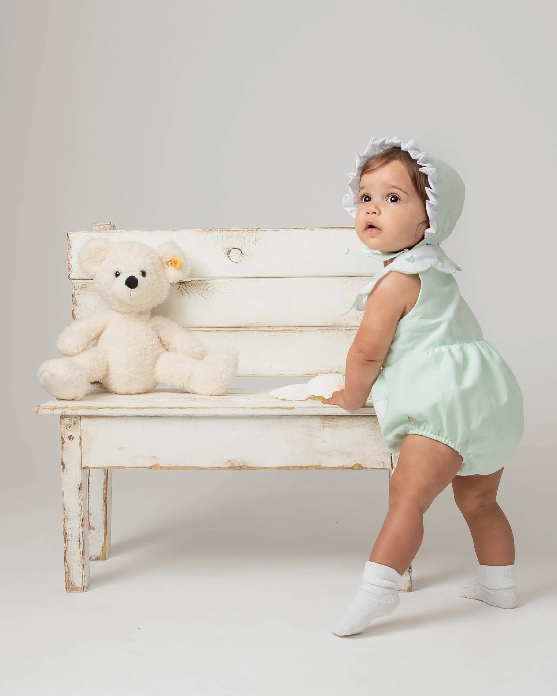 Mint Linen Frill Heart Romper With Bonnet