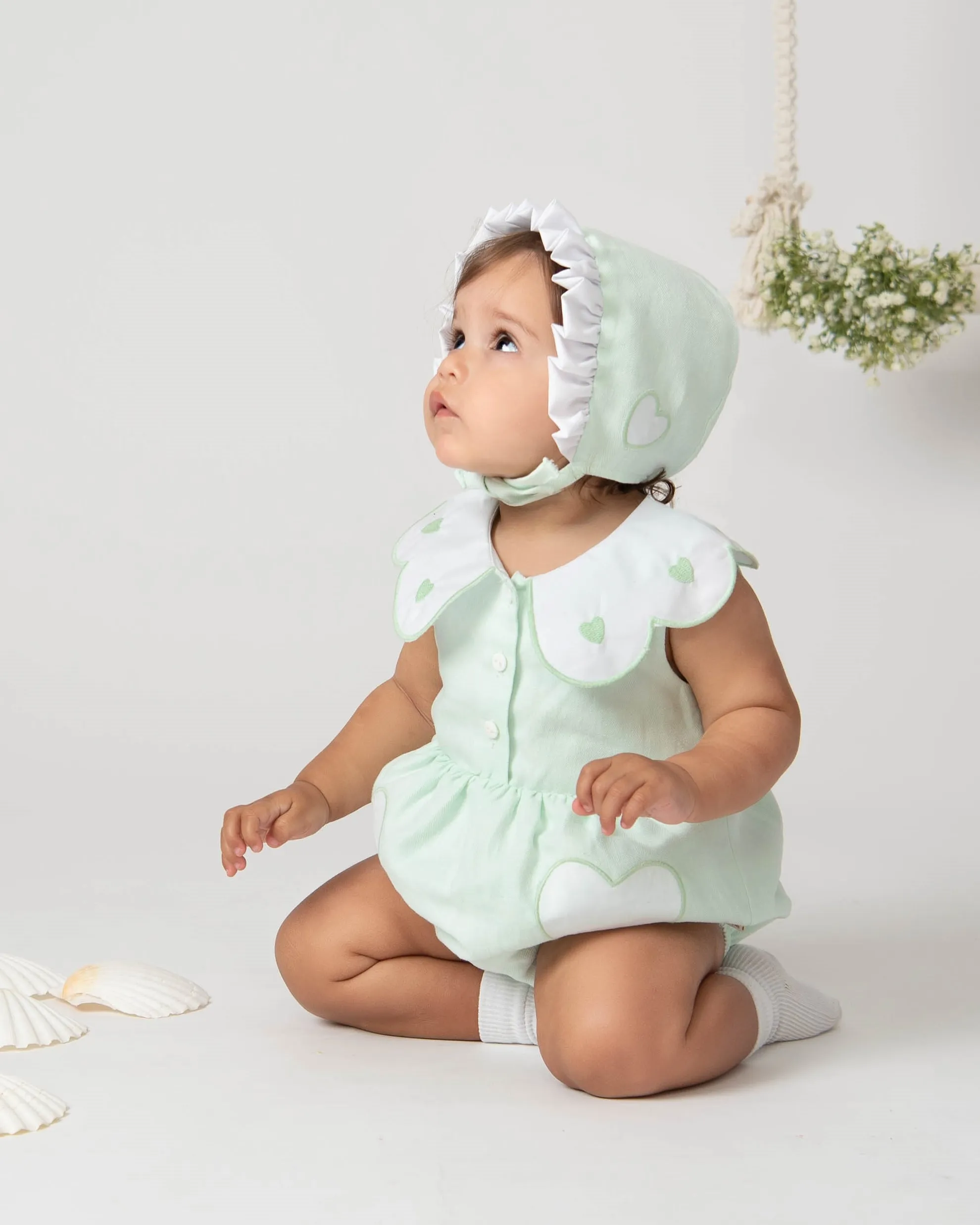 Mint Linen Frill Heart Romper With Bonnet