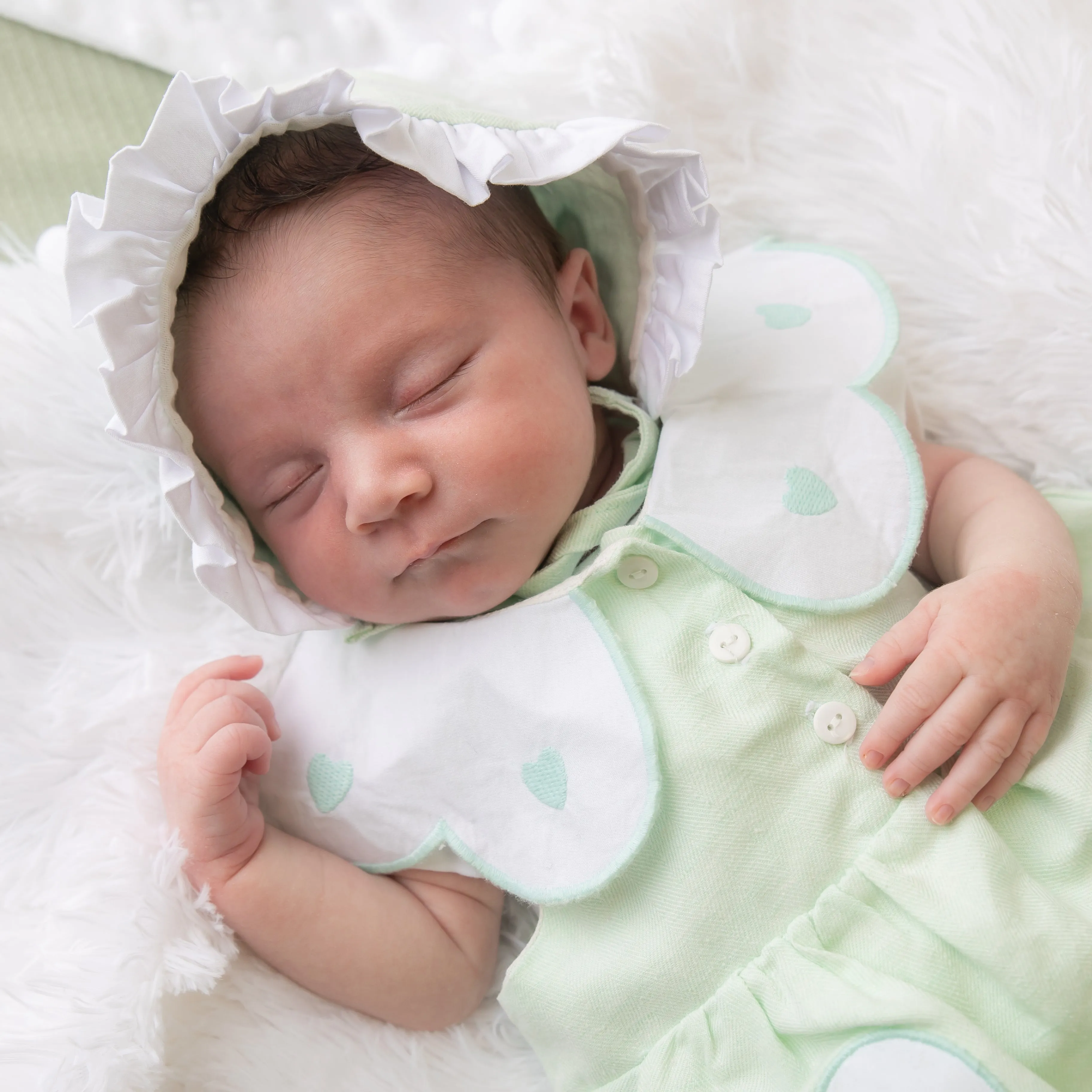 Mint Linen Frill Heart Romper With Bonnet