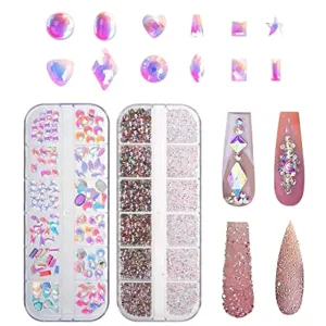 Nail Rhinestones Mini Pixie 1.2mm Diamond 1200Pcs Crystal AB Gems Jewels Flatback 1800Pcs 12 Shapes Rhinestones 120Pcs, Tufusiur Nail Art Supplies Decorations Accessories for Face Tooth Makeup Crafts