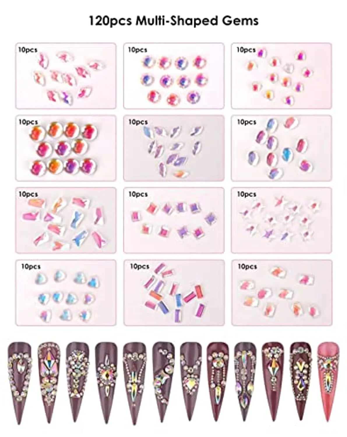 Nail Rhinestones Mini Pixie 1.2mm Diamond 1200Pcs Crystal AB Gems Jewels Flatback 1800Pcs 12 Shapes Rhinestones 120Pcs, Tufusiur Nail Art Supplies Decorations Accessories for Face Tooth Makeup Crafts