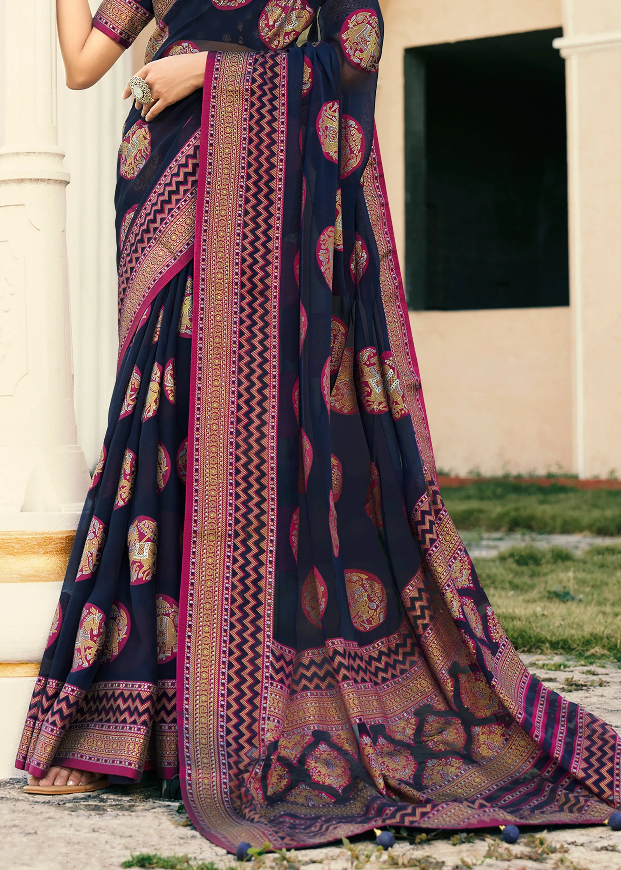 Navy Blue Printed Georgette Silk Saree