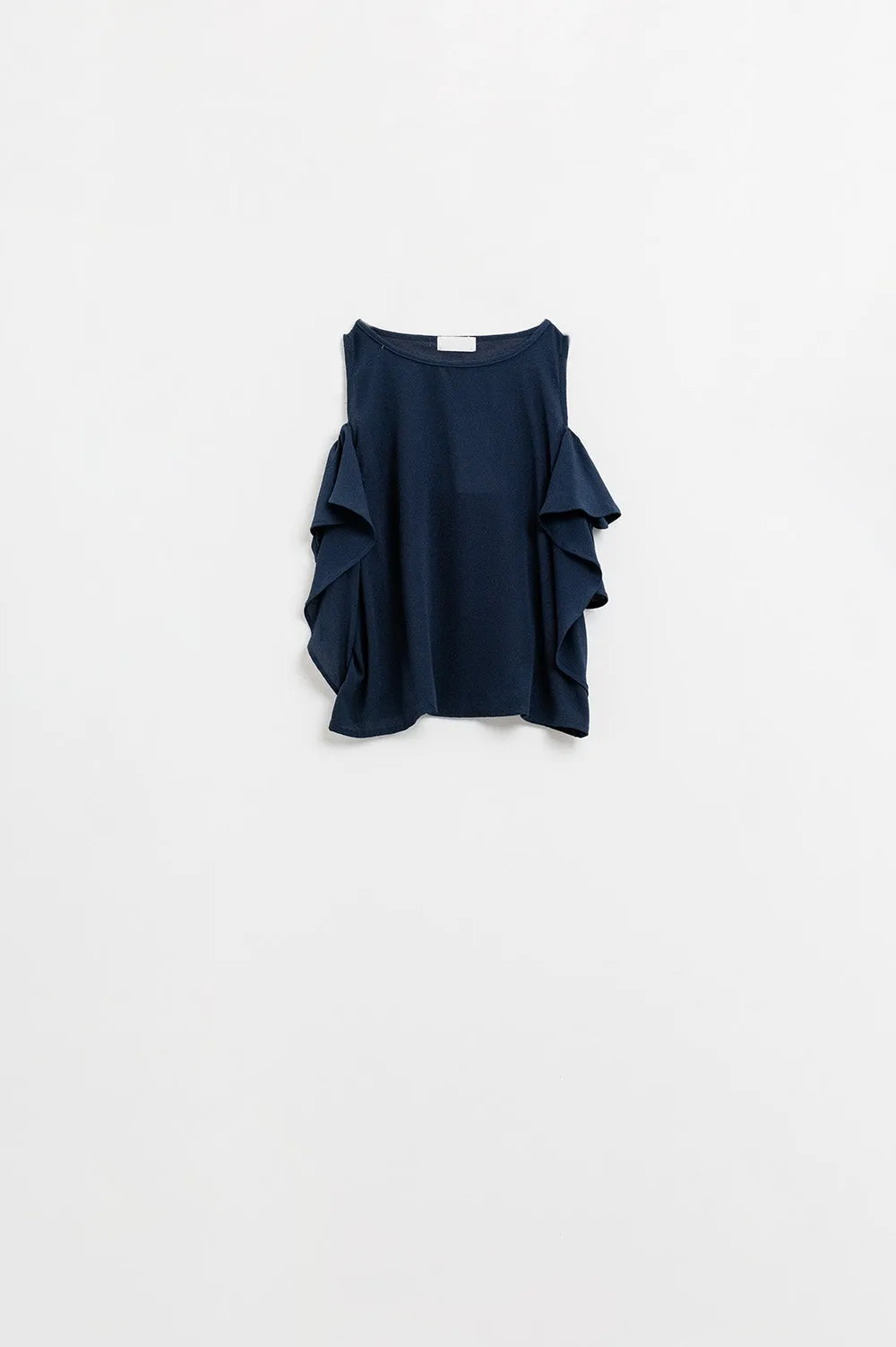 navy blue sleeveless top with ruffles