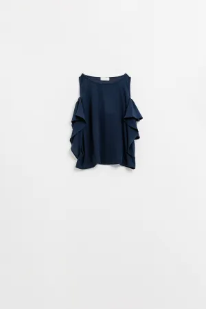 navy blue sleeveless top with ruffles