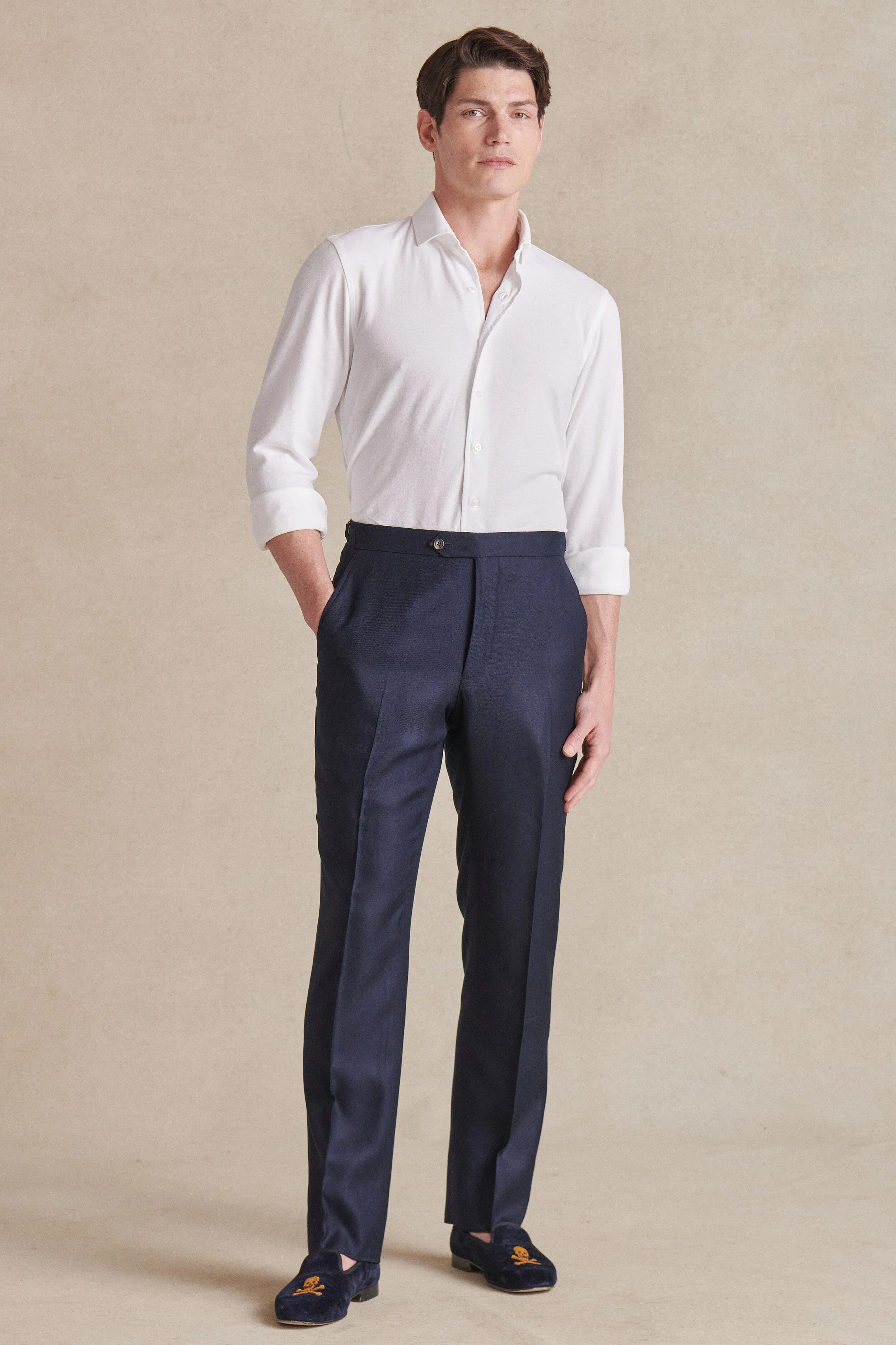Navy Flat Front Bamboo Trousers