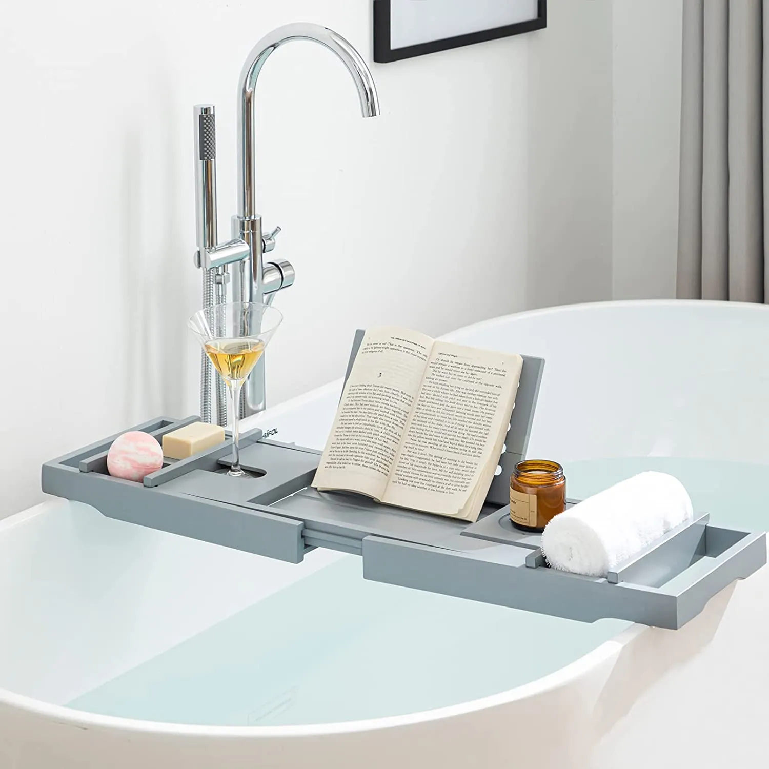 New Eletecpro Adjustable Bamboo Bathtub Caddy Tray with Sliding Towel Holder, Wine Holder, Cup Placement, Soap Dish, Book Space & Phone Slot (Grey)
