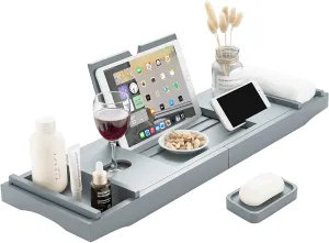 New Eletecpro Adjustable Bamboo Bathtub Caddy Tray with Sliding Towel Holder, Wine Holder, Cup Placement, Soap Dish, Book Space & Phone Slot (Grey)