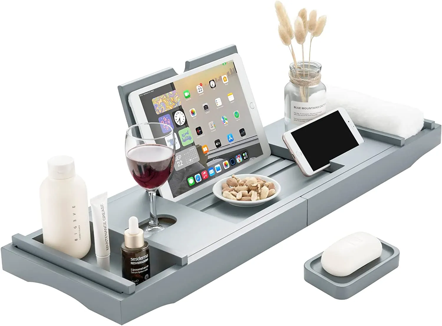 New Eletecpro Adjustable Bamboo Bathtub Caddy Tray with Sliding Towel Holder, Wine Holder, Cup Placement, Soap Dish, Book Space & Phone Slot (Grey)