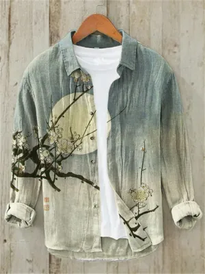 NEW Retails $60  Plum Blossom Full Moon Night Gradient Japanese Art Linen Blend Shirt, Multicolor, Sz XL