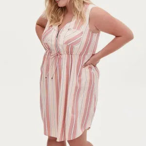 New Torrid Red &amp; Ivory Stripe Challis Zip Front Drawstring Shirt Dress