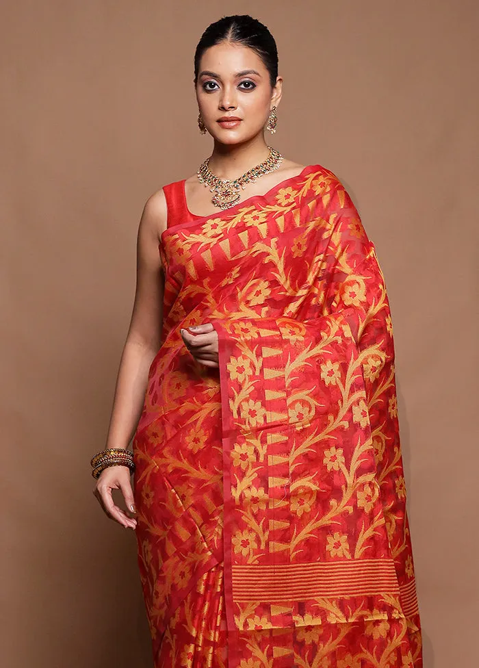 Orange Kora Silk Saree With Blouse Piece