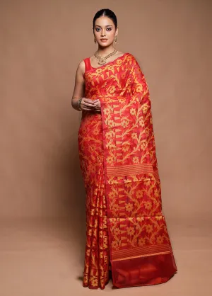 Orange Kora Silk Saree With Blouse Piece