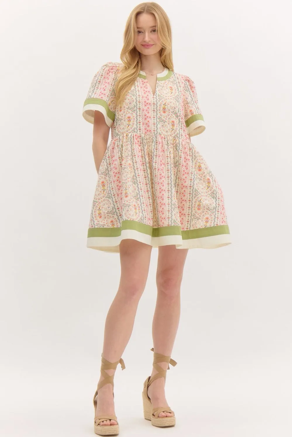 Paisley Puff Sleeved Mini Dress {Blush}