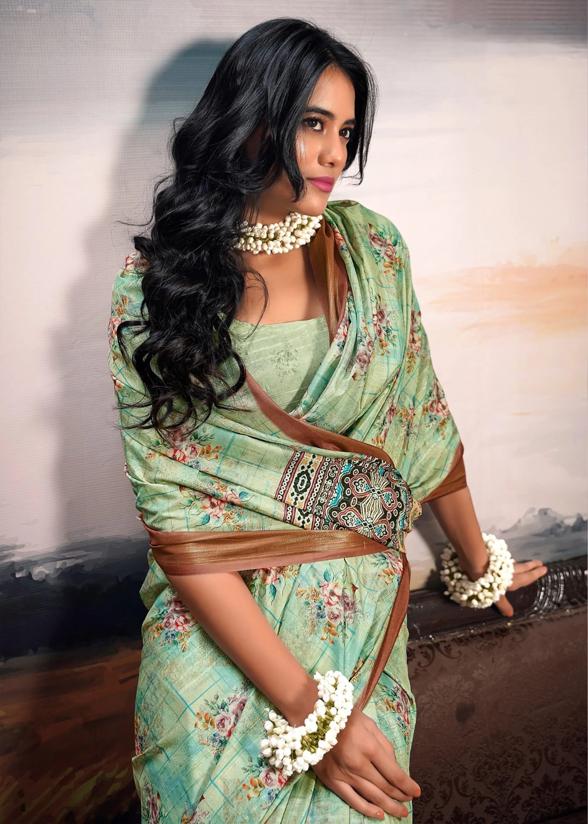 Paradise Green Light Weight Cotton Silk Saree With Digital Print