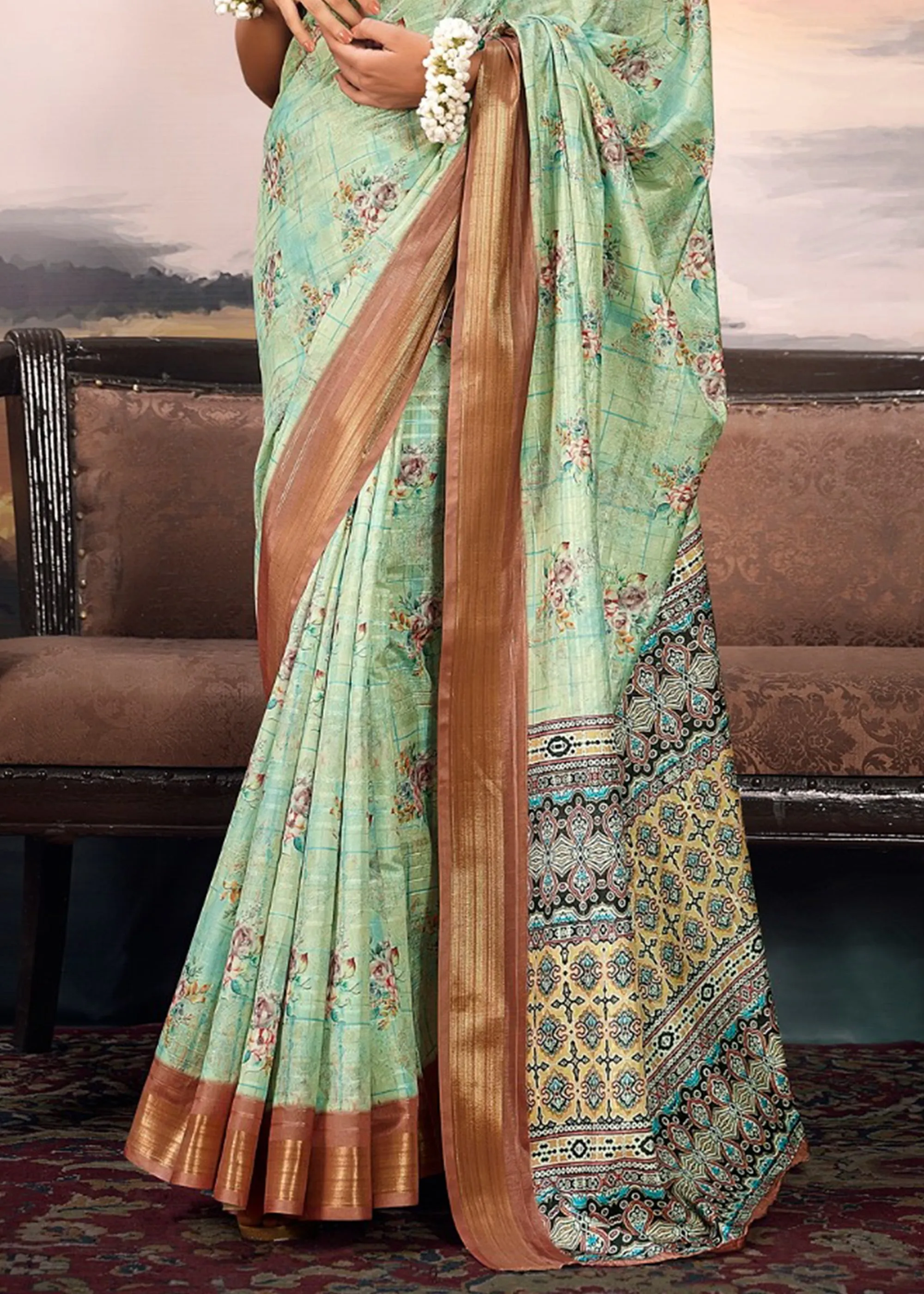 Paradise Green Light Weight Cotton Silk Saree With Digital Print