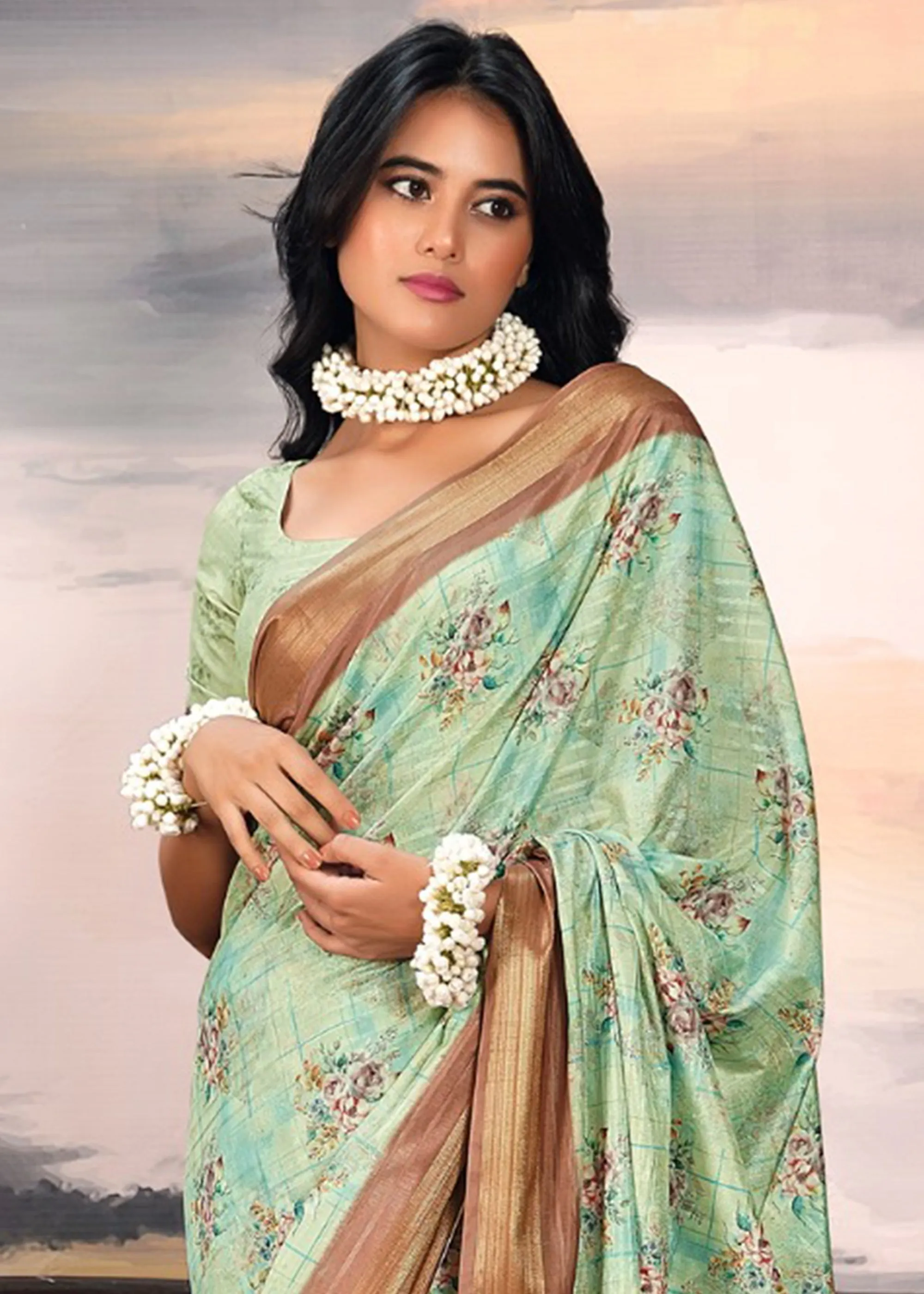Paradise Green Light Weight Cotton Silk Saree With Digital Print