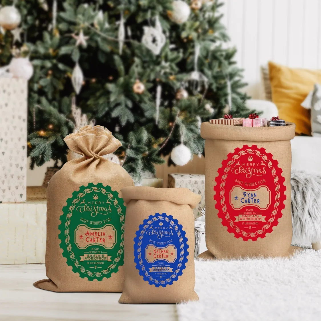 Personalised Merry Christmas Stamp Presents Sack