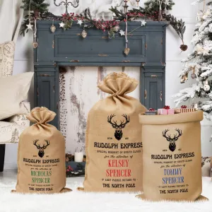 Personalised Printed Jute Bag Christmas Sack - Rudolph Express
