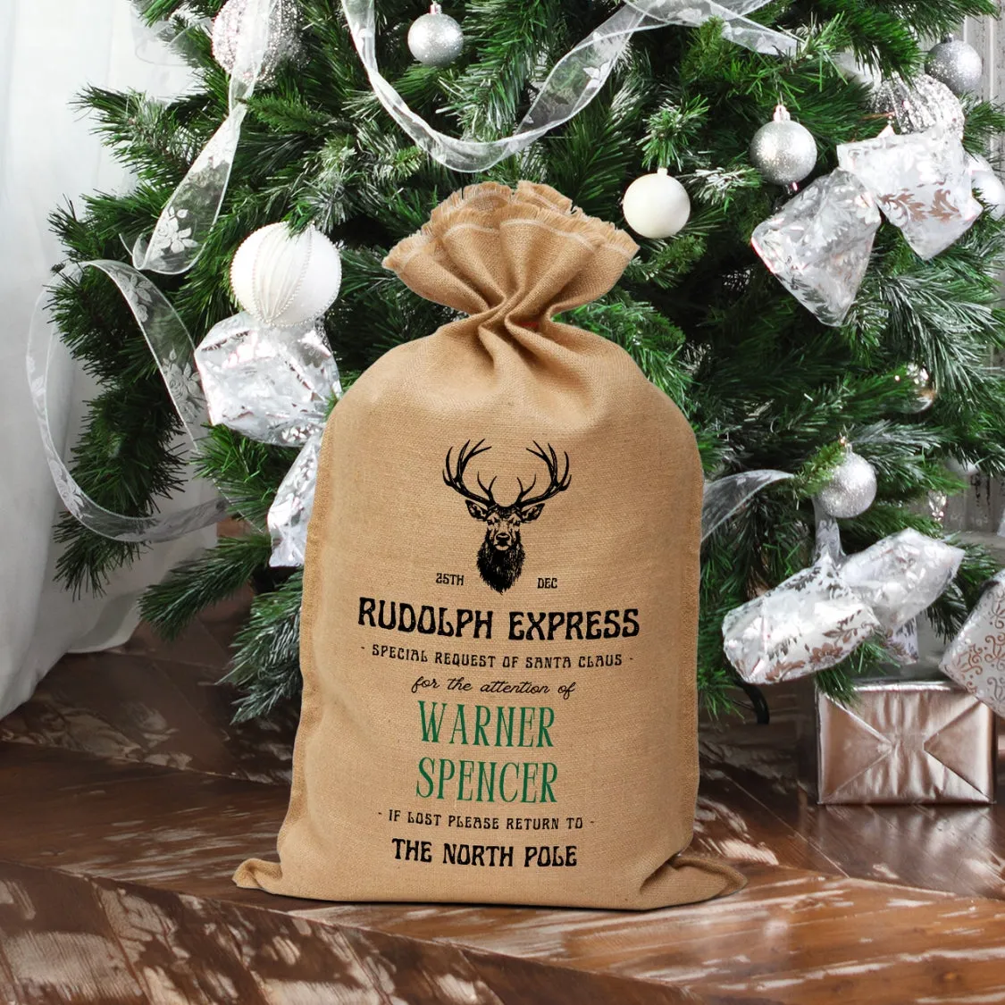 Personalised Printed Jute Bag Christmas Sack - Rudolph Express