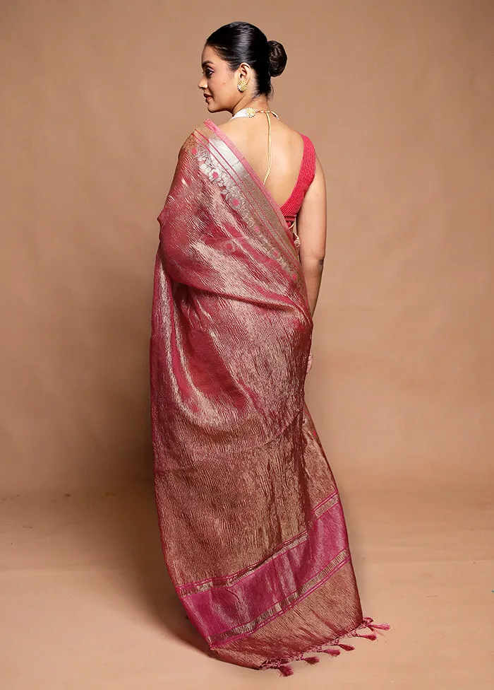 Pink Crushed Tissue Silk Saree With Blouse Piece