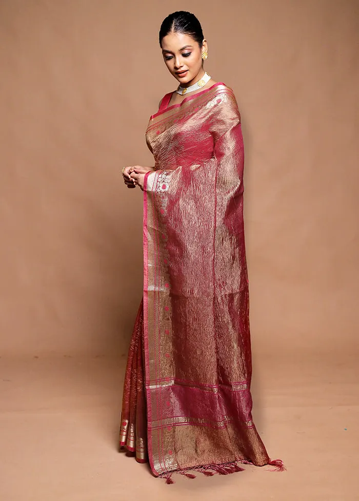 Pink Crushed Tissue Silk Saree With Blouse Piece