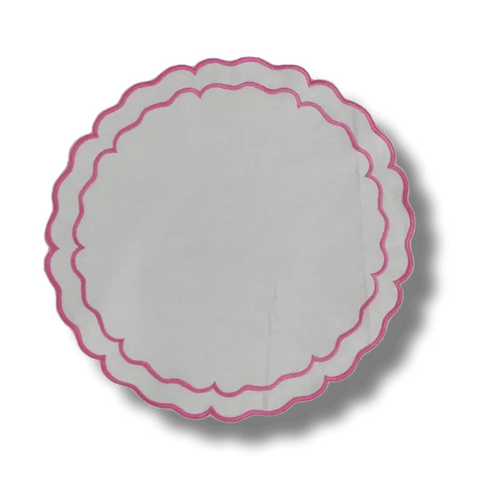 Pink Double Scalloped Round White Placemats
