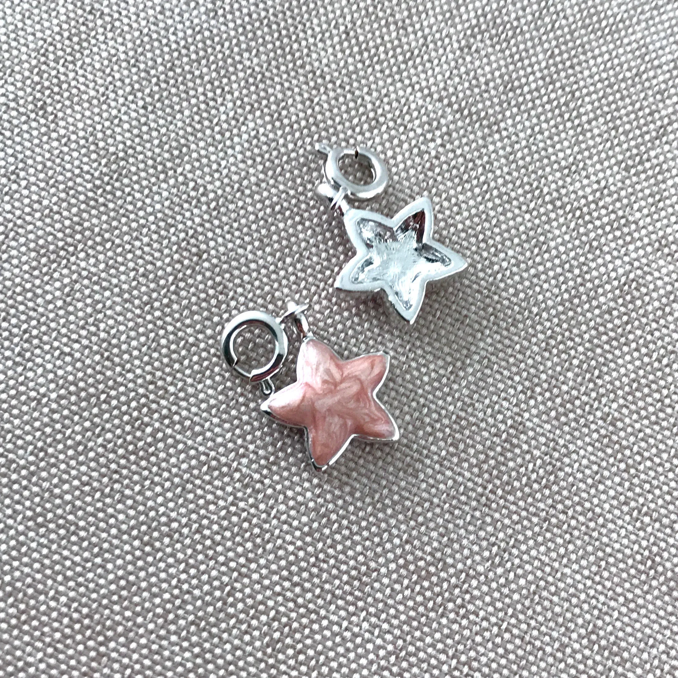 Pink Enamel Star Charms - Rhodium Silver Plated - With Clasps - Star - 12mm - Package of 2 Charms