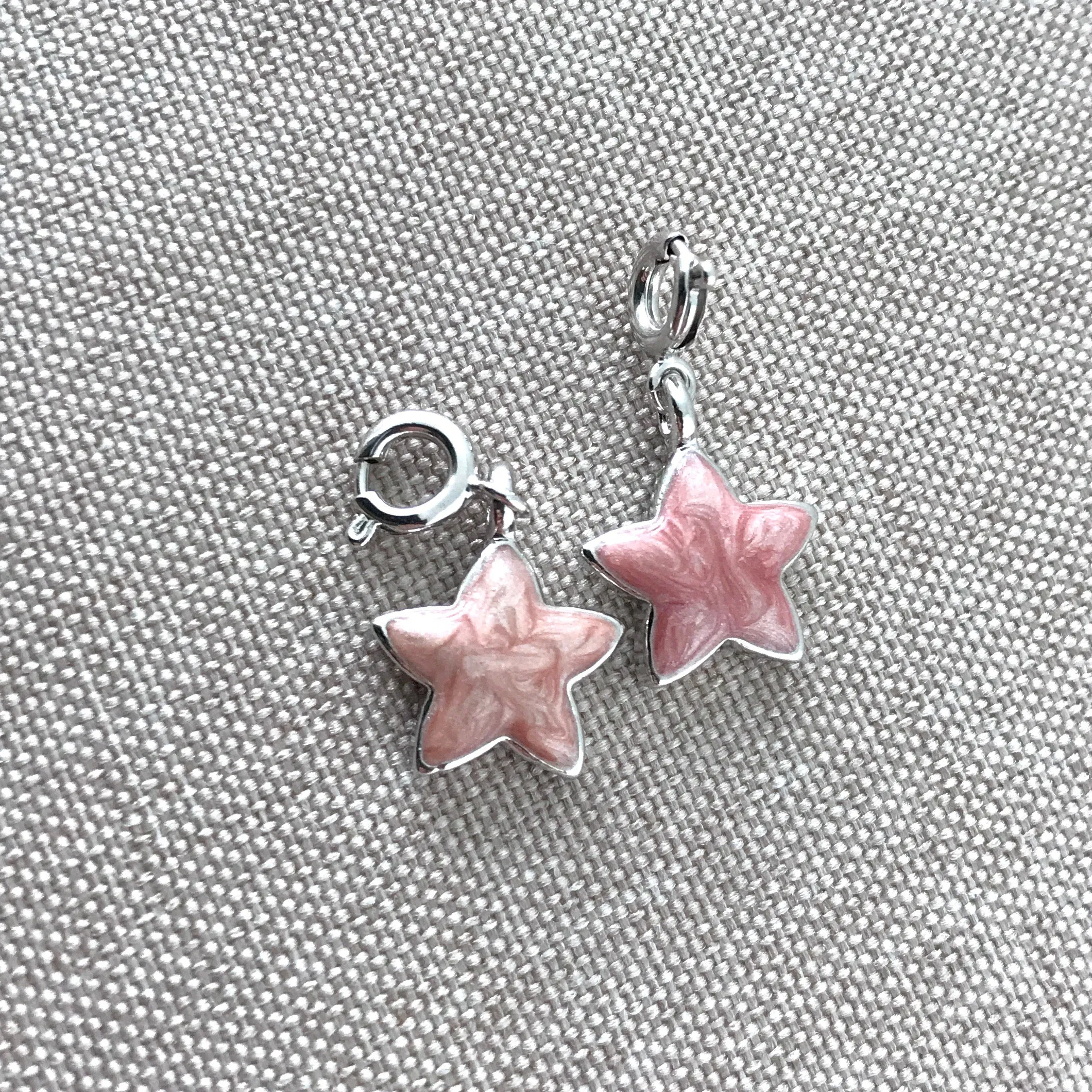 Pink Enamel Star Charms - Rhodium Silver Plated - With Clasps - Star - 12mm - Package of 2 Charms