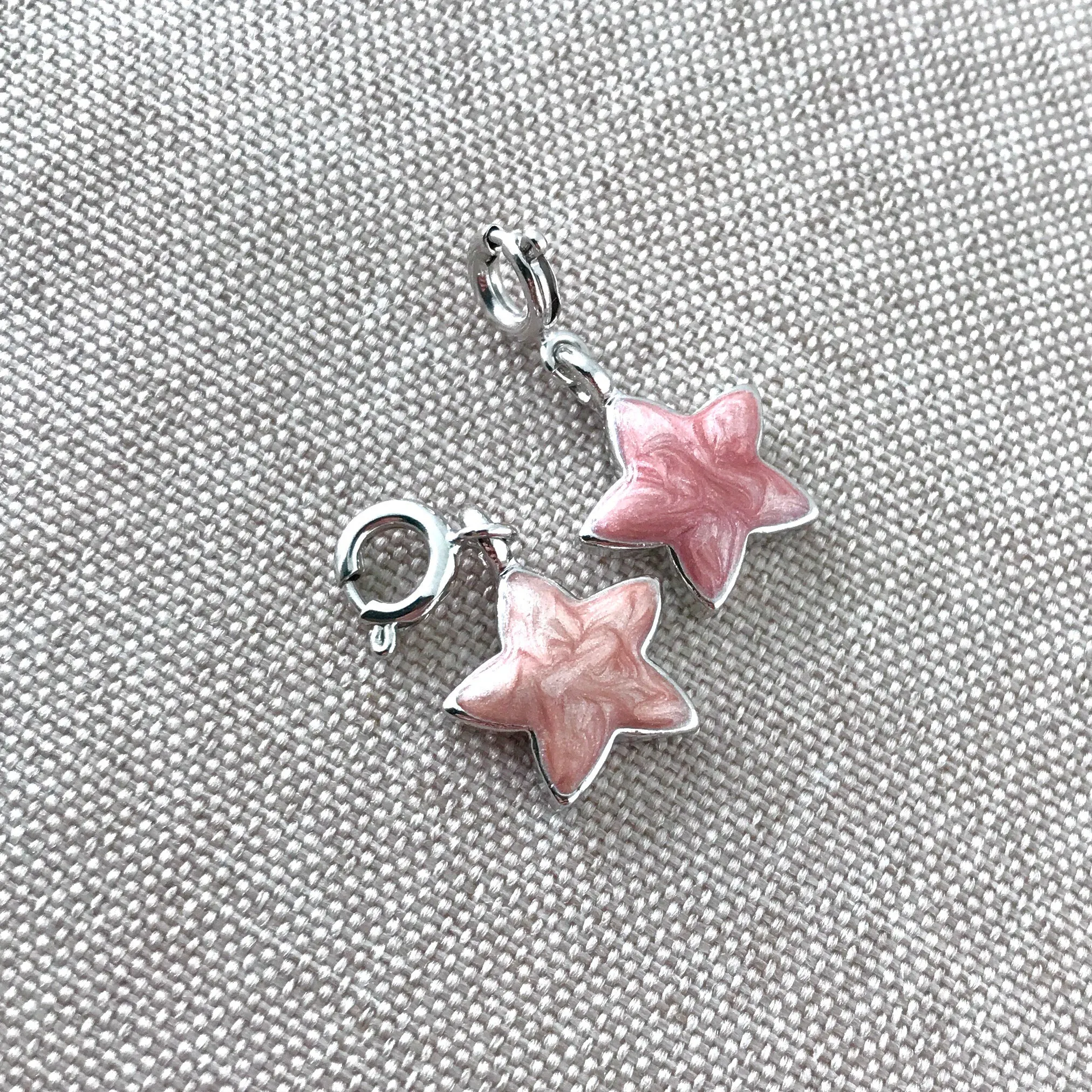 Pink Enamel Star Charms - Rhodium Silver Plated - With Clasps - Star - 12mm - Package of 2 Charms