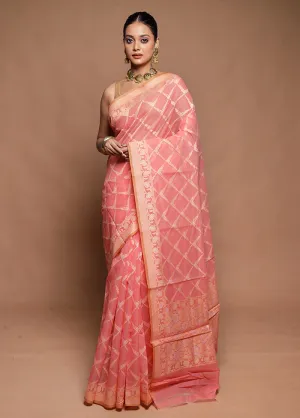 Pink Kora Silk Saree With Blouse Piece