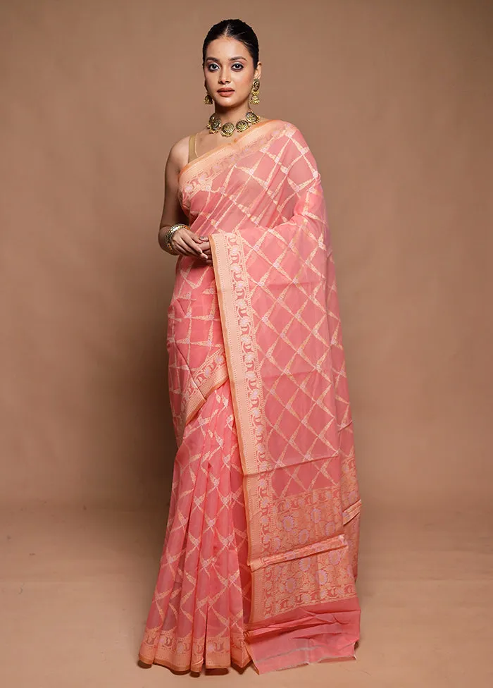 Pink Kora Silk Saree With Blouse Piece