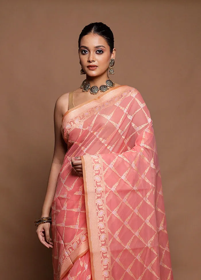 Pink Kora Silk Saree With Blouse Piece