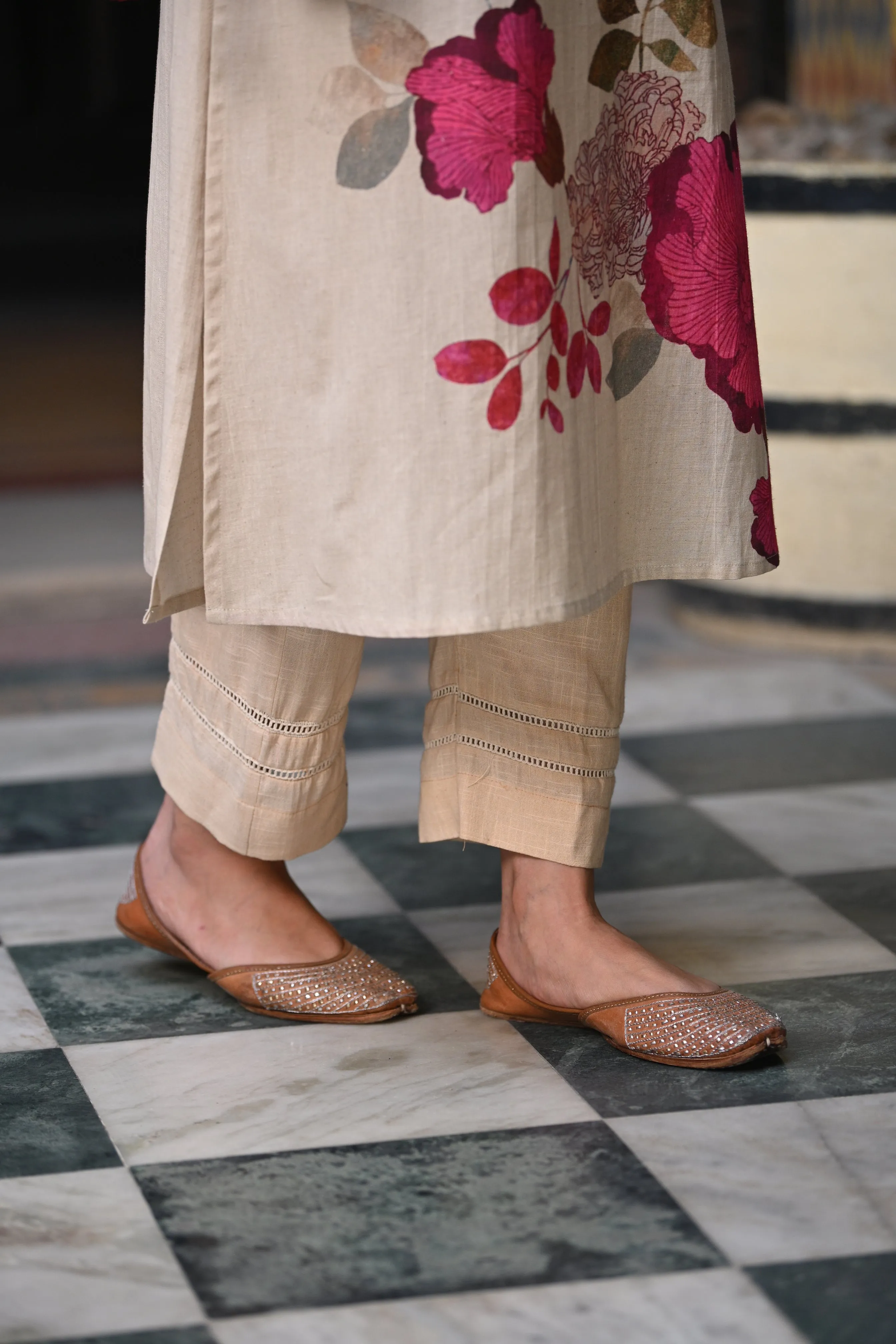 Pink Rose Cotton Linen Kurta Set