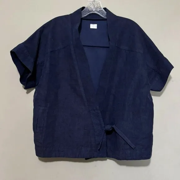 POETRY Linen Blue Short Sleeve Side Tie Linen Oversized Top Jacket US 8/10