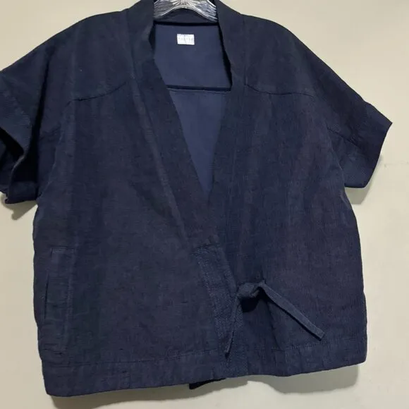 POETRY Linen Blue Short Sleeve Side Tie Linen Oversized Top Jacket US 8/10