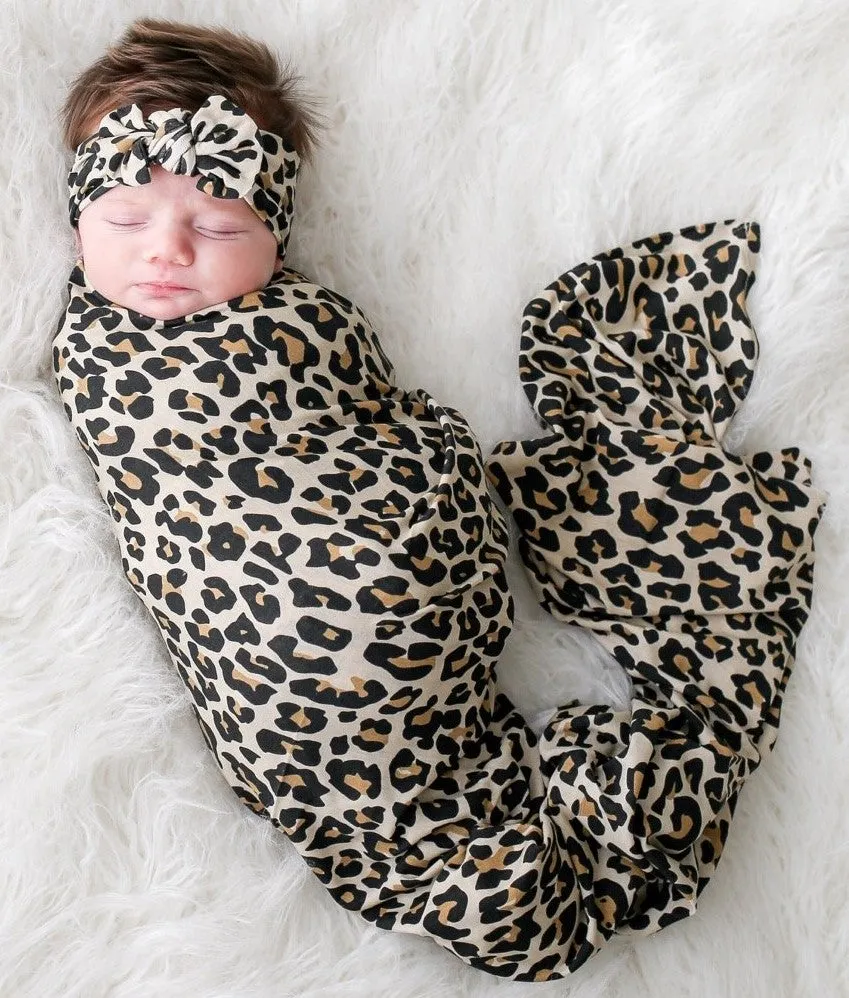 Posh Peanut Lana Leopard Tan Swaddle & Headband Set